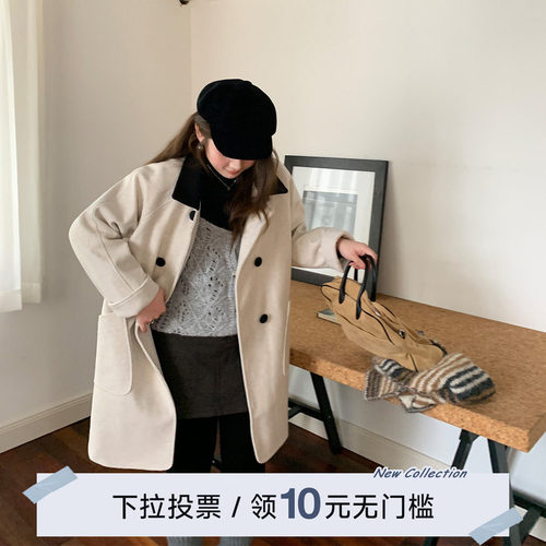 YUZI鱼子双排扣夹棉毛呢大衣大码