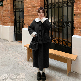 YUZI鱼子复古套装 秋冬微胖mm妹显瘦遮肉高级感外套半身裙 大码 女装