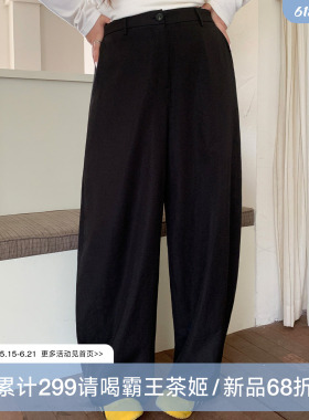 YUZI鱼子黑色百搭西服裤极简阔腿宽松垂显瘦休闲裤春微胖大码女装