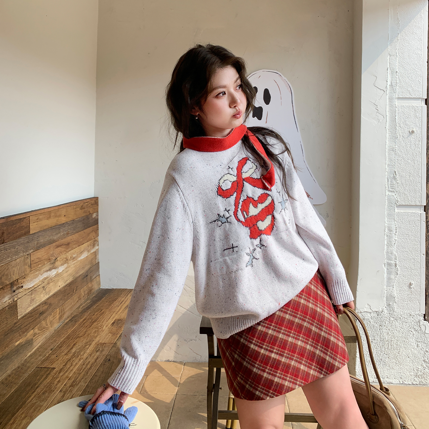 YUZI刺绣提花毛衣可拆卸小围巾