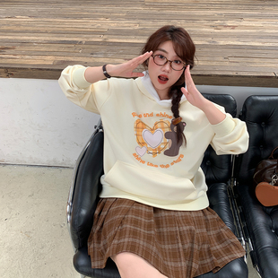 女装 YUZI鱼子上衣加绒小熊连帽卫衣大码 微胖mm显瘦遮肉200斤减龄