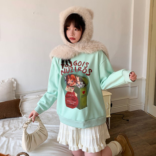 YUZI鱼子加绒加厚卫衣圆领复古浅绿漫画印花宽松落肩甜酷大码女装