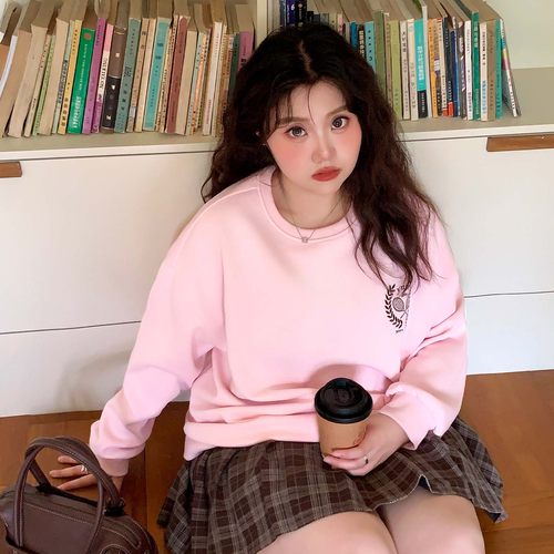 YUZI鱼子粉色圆领卫衣元气甜美