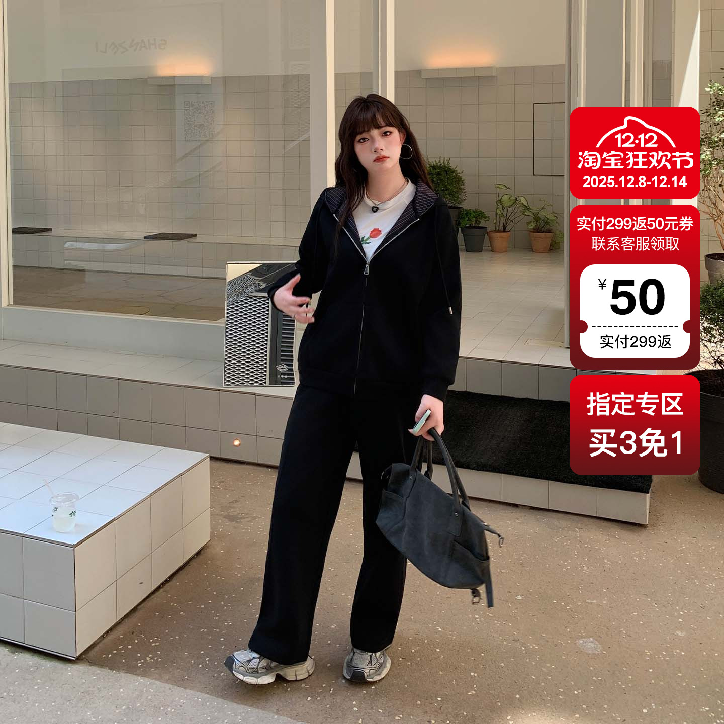 YUZI鱼子拉链连帽卫衣大码简约