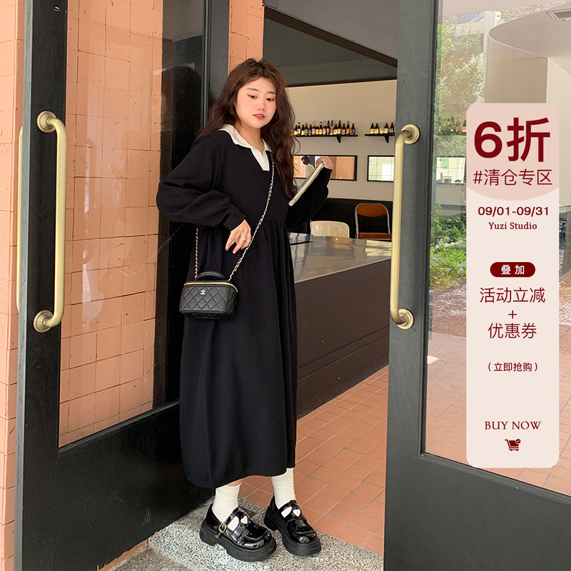 YUZI鱼子学院风Polo领连衣裙子大码女装微胖mm收腰显瘦遮肉少女感