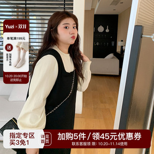 胖mm显瘦遮肉200斤 冬季 YUZI鱼子撞色假两件毛织连衣裙子大码 女装