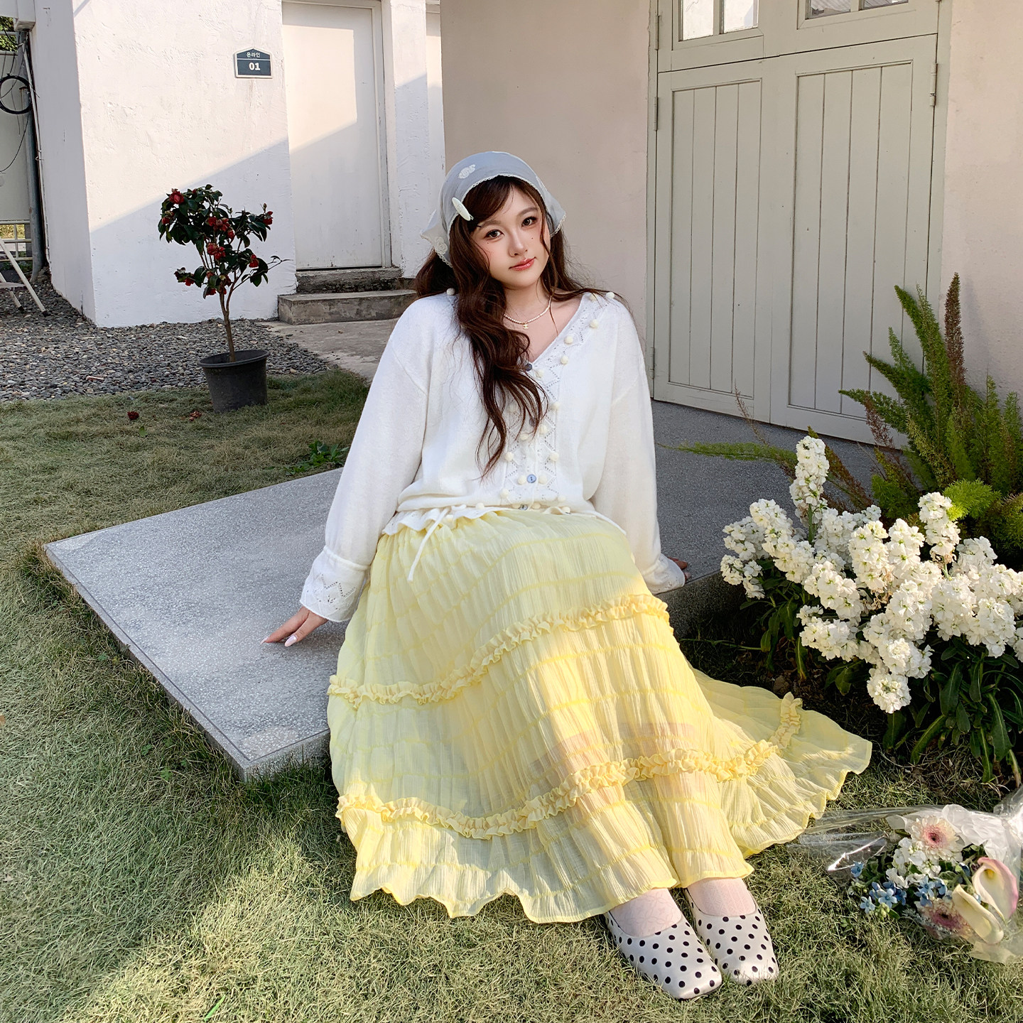 YUZI鱼子褶皱木耳边半身裙浅黄长款A字伞裙森系甜美微胖大码女装