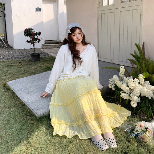 YUZI鱼子木耳边褶皱半身裙大码