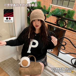 女装 YUZI鱼子小V领印花毛衣大码 冬微胖mm妹显瘦遮肉200斤温柔显白