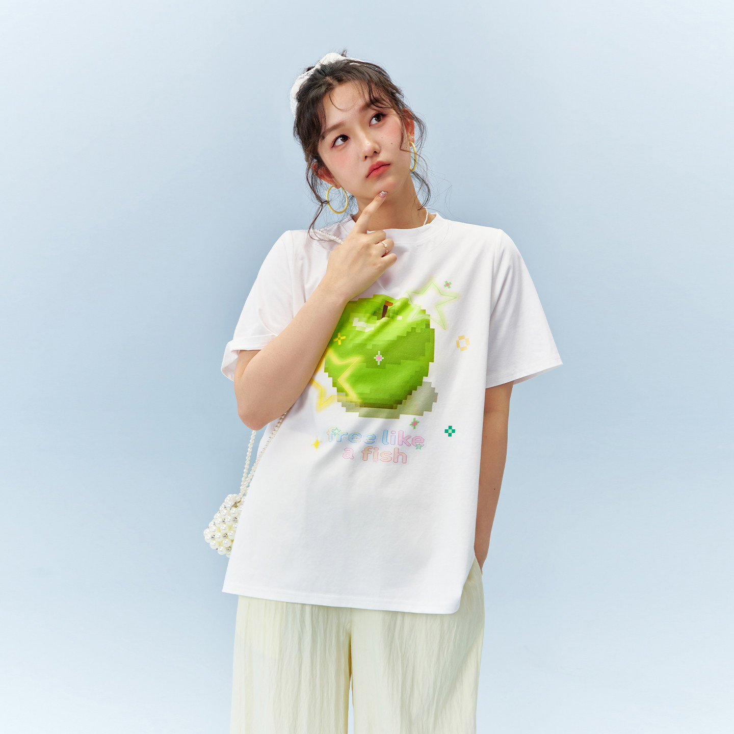 YUZI鱼子清新像素印花短袖T恤纯棉宽松圆领显瘦设计上衣大码女装