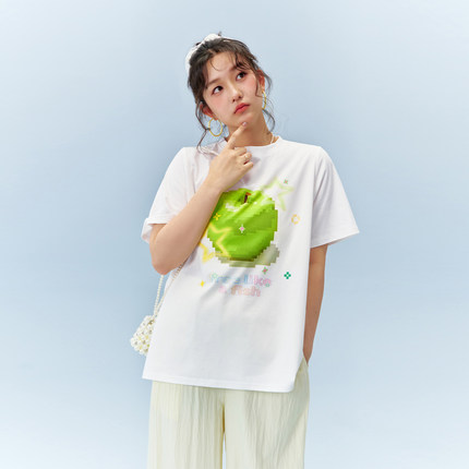 YUZI鱼子清新像素印花短袖T恤纯棉宽松圆领显瘦设计上衣大码女装