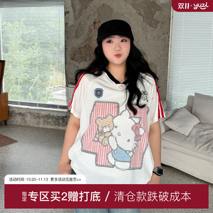 YUZI鱼子甜酷卡通印花短袖T恤网眼透气V领显瘦条纹上衣大码女装