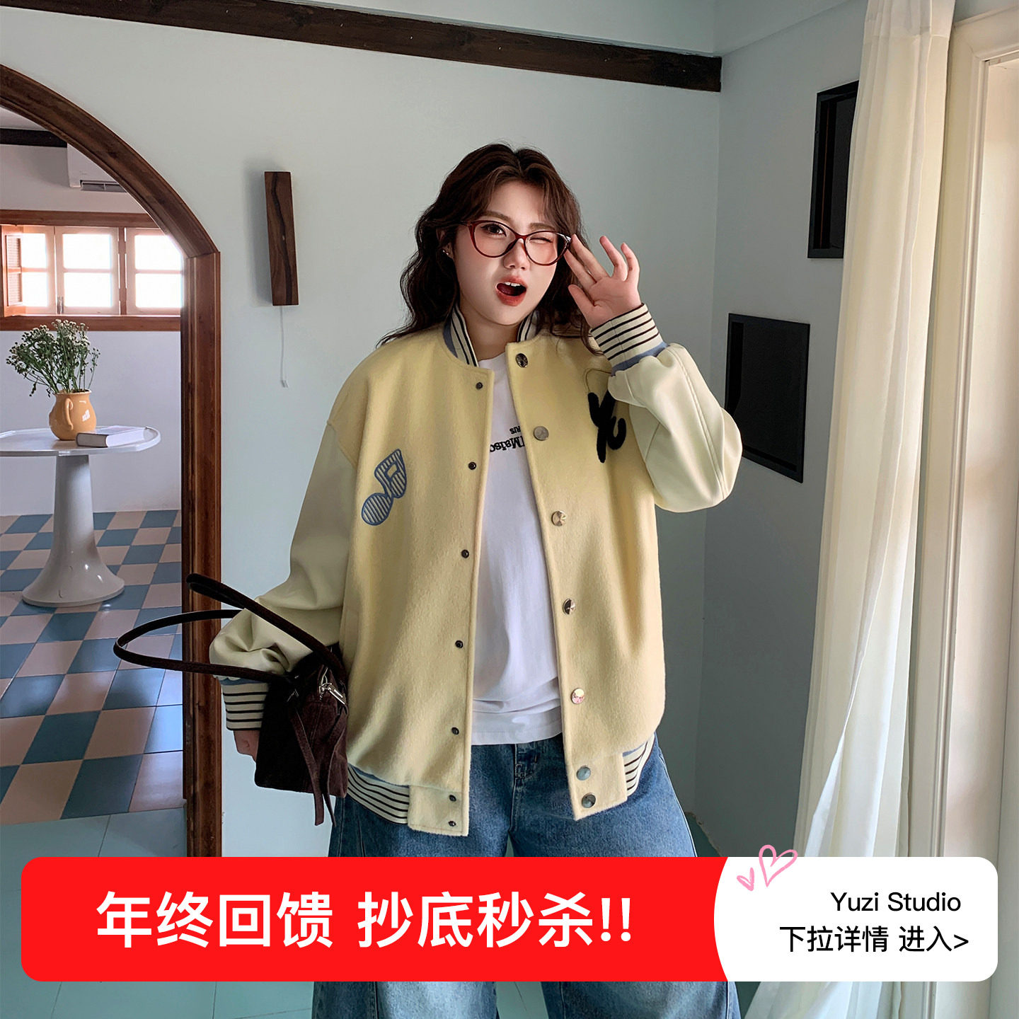 YUZI鱼子加厚棒球服外套特大码女装羊毛呢拼接蛋白皮复古秋冬胖mm,女装/女士精品,常规大码外套,淘宝优惠券,粉丝福利购,淘宝优惠卷