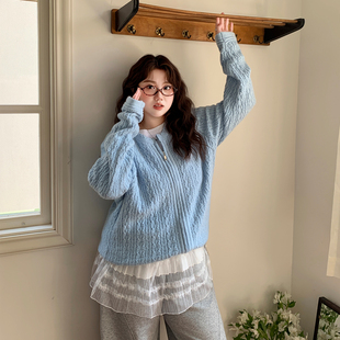 短款 女装 绞花肌理感蓝色针织上衣胖mm 毛衣特大码 YUZI鱼子拉链开衫