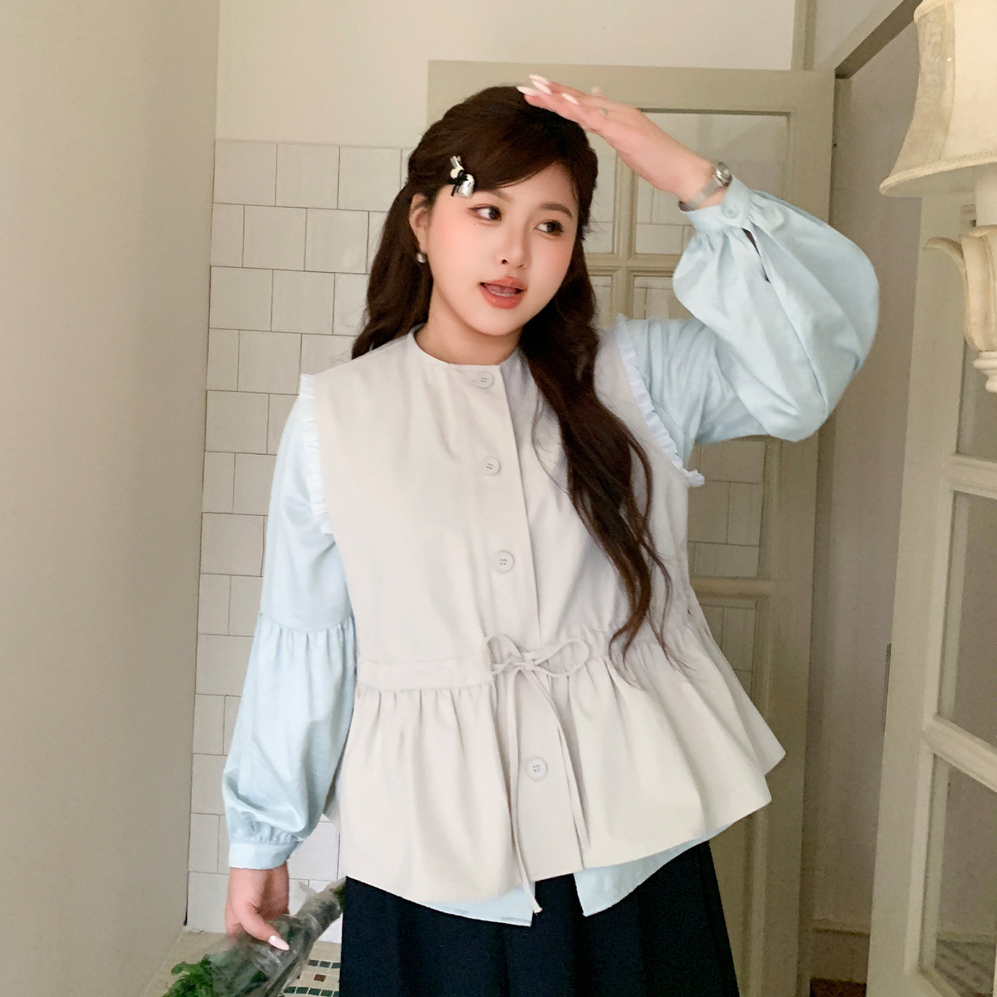 YUZI鱼子少女风两件套长袖马甲春季百搭叠穿绑带收腰上衣大码女装