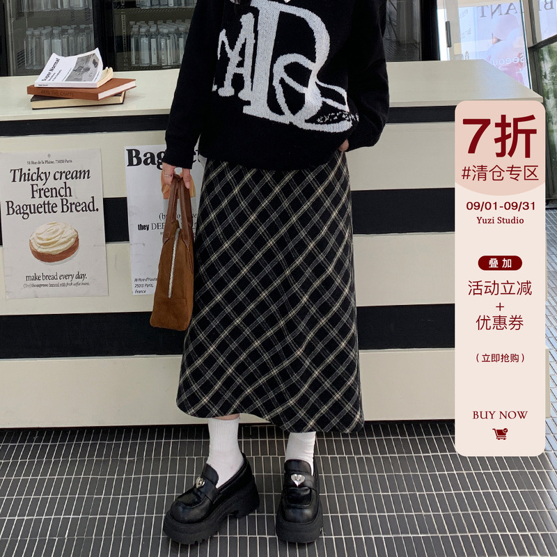 YUZI鱼子格纹高腰半身裙学院风