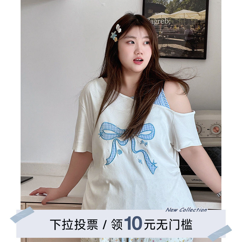 YUZI鱼子蝴蝶结刺绣斜肩短袖t恤夏甜美收腰显瘦百搭上衣大码女装