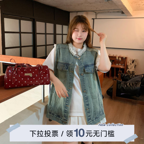 YUZI鱼子复古牛仔马甲微胖大码女