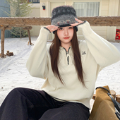 YUZI鱼子针织连帽卫衣拉链半开襟抽绳杏色撞色边温柔宽松大码 女装