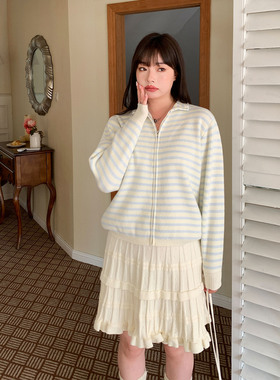 YUZI鱼子蓝白条纹针织开衫女翻领软糯百搭长袖慵懒风毛衣大码女装