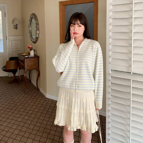 YUZI鱼子蓝白条纹针织开衫女大码