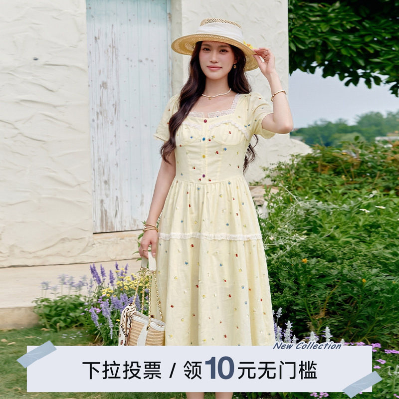 YUZI鱼子法式甜蕾丝花边连衣裙方领收腰短袖气质显瘦长裙大码女装