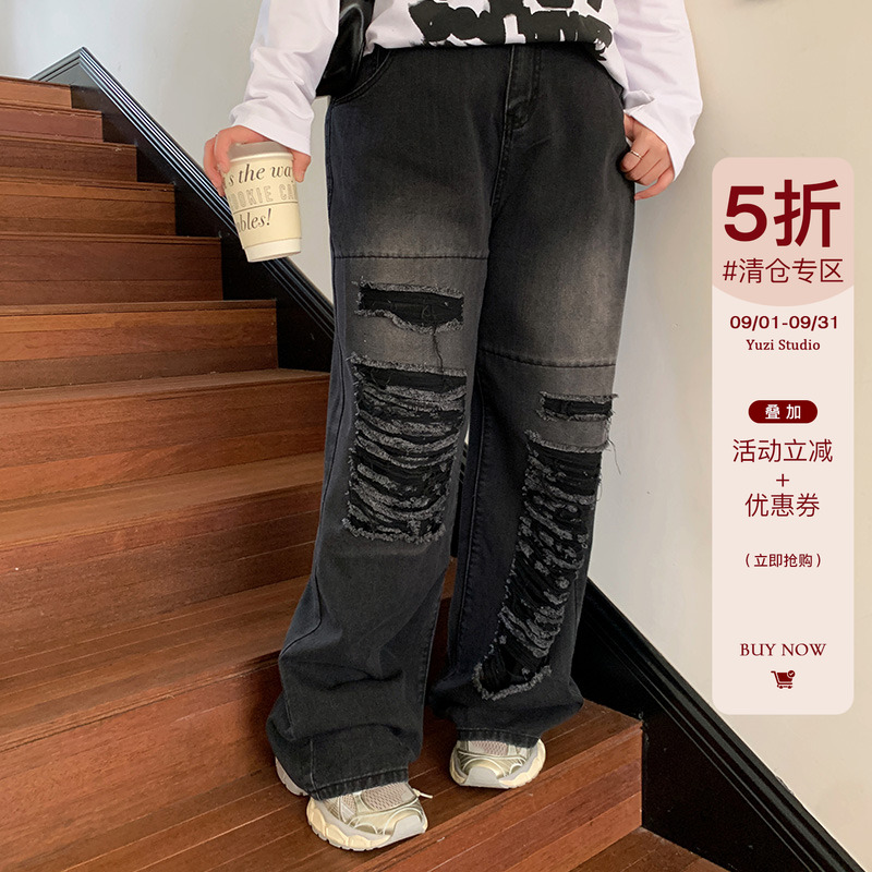 YUZI鱼子破洞牛仔裤子美式做旧