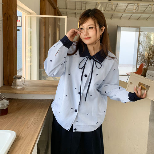 YUZI鱼子甜酷蓝白条纹外套大码女