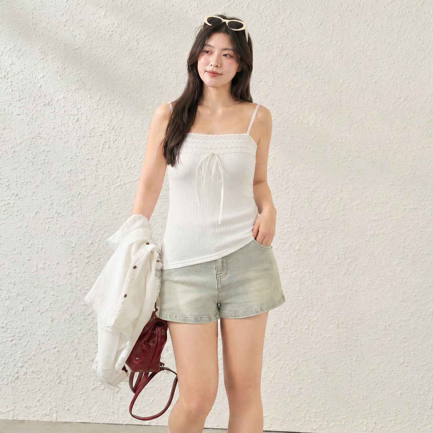 YUZI鱼子法式蕾丝边吊带背心甜美蝴蝶结夏季修身遮肚内搭大码女装