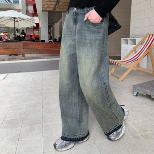 微胖mm显瘦遮肉200斤毛边宽松直筒 女复古美式 YUZI鱼子大码 牛仔裤