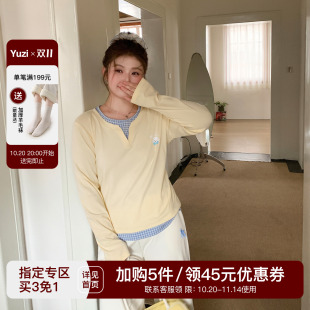 黄色拼接格纹内搭上衣秋冬胖mm 女装 YUZI鱼子假两件长袖 T恤特大码