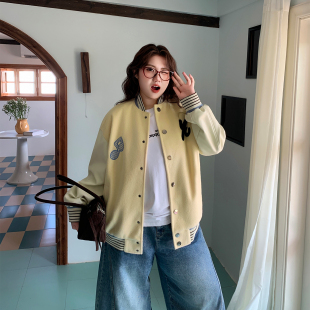 羊毛呢拼接蛋白皮复古春季 胖mm 女装 YUZI鱼子加厚棒球服外套特大码