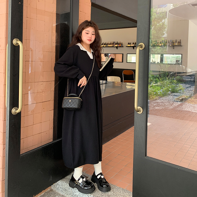 YUZI鱼子学院风Polo领连衣裙子大码女装微胖mm收腰显瘦遮肉少女感