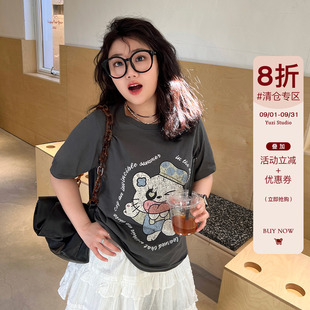 YUZI魚子顯瘦圓領(lǐng)T恤大碼 微胖mm顯瘦遮肉200斤創(chuàng)意印花 夏季 女裝