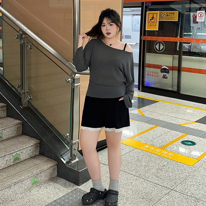 YUZI鱼子纯色休闲短裤子大码女装夏微胖mm显瘦遮肉200斤蕾丝拼接