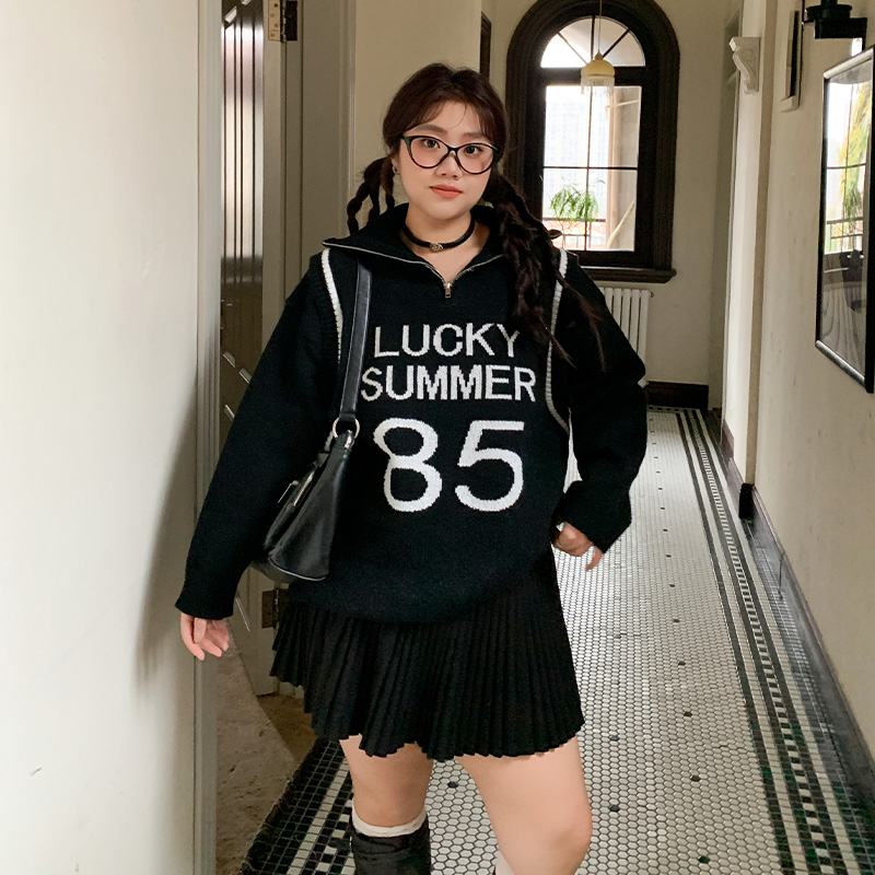 YUZI鱼子假两件刺绣毛衣大码女装冬微胖mm显瘦遮肉200斤提花上衣