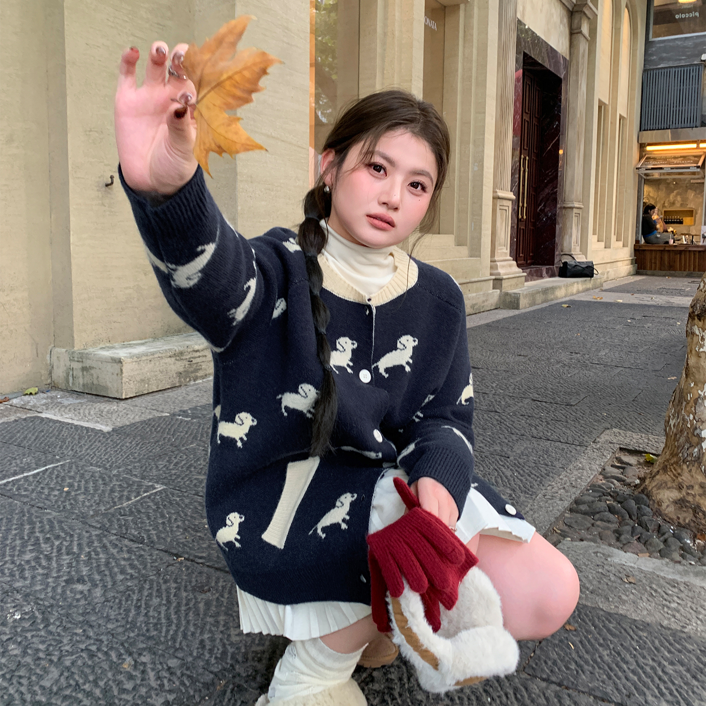 YUZI复古提花针织开衫外套大码