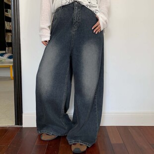 女装 特大码 胖mm秋冬复古做旧阔腿垂坠感宽松 鱼子高腰牛仔裤 YUZI