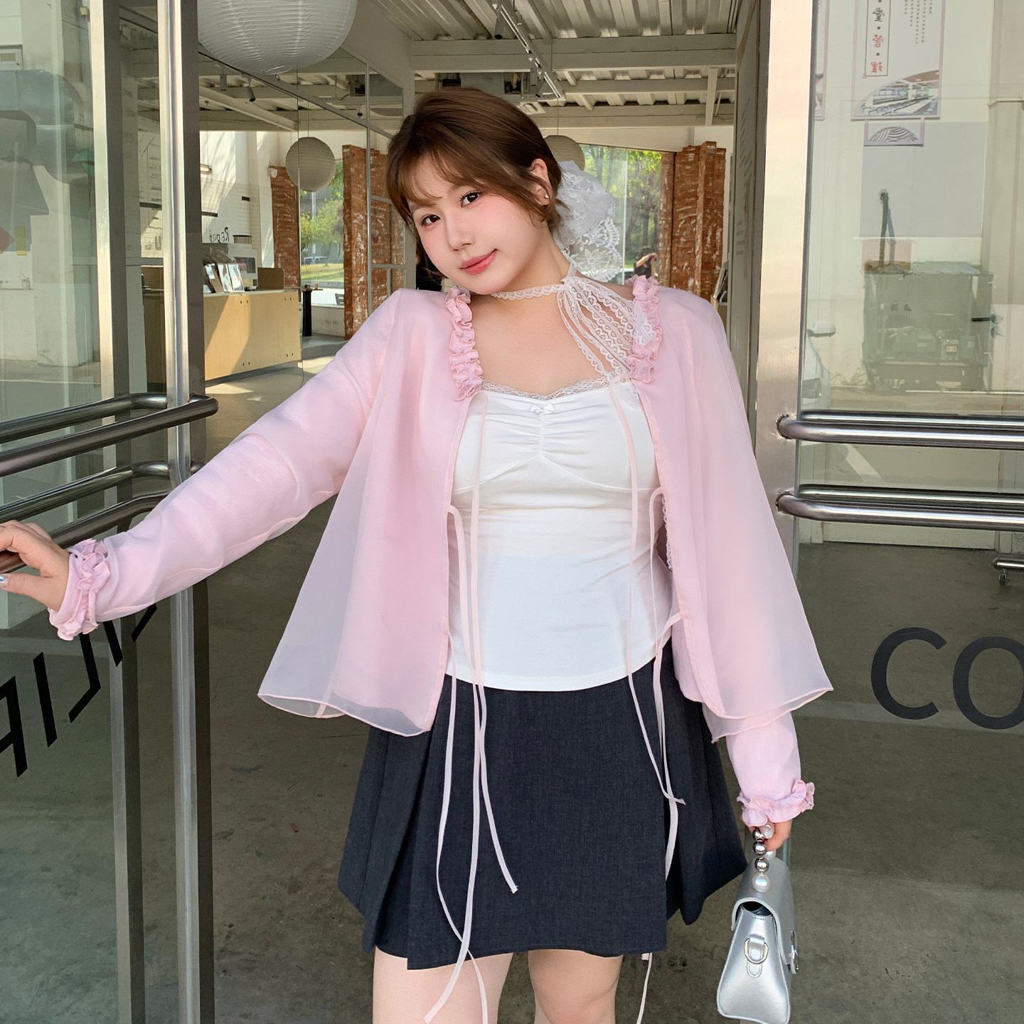 YUZI鱼子双层网纱开衫木耳边系带小衫法式甜美浅粉色微胖大码女装