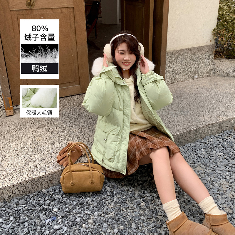 YUZI鱼子连帽毛领加绒羽绒服轻盈