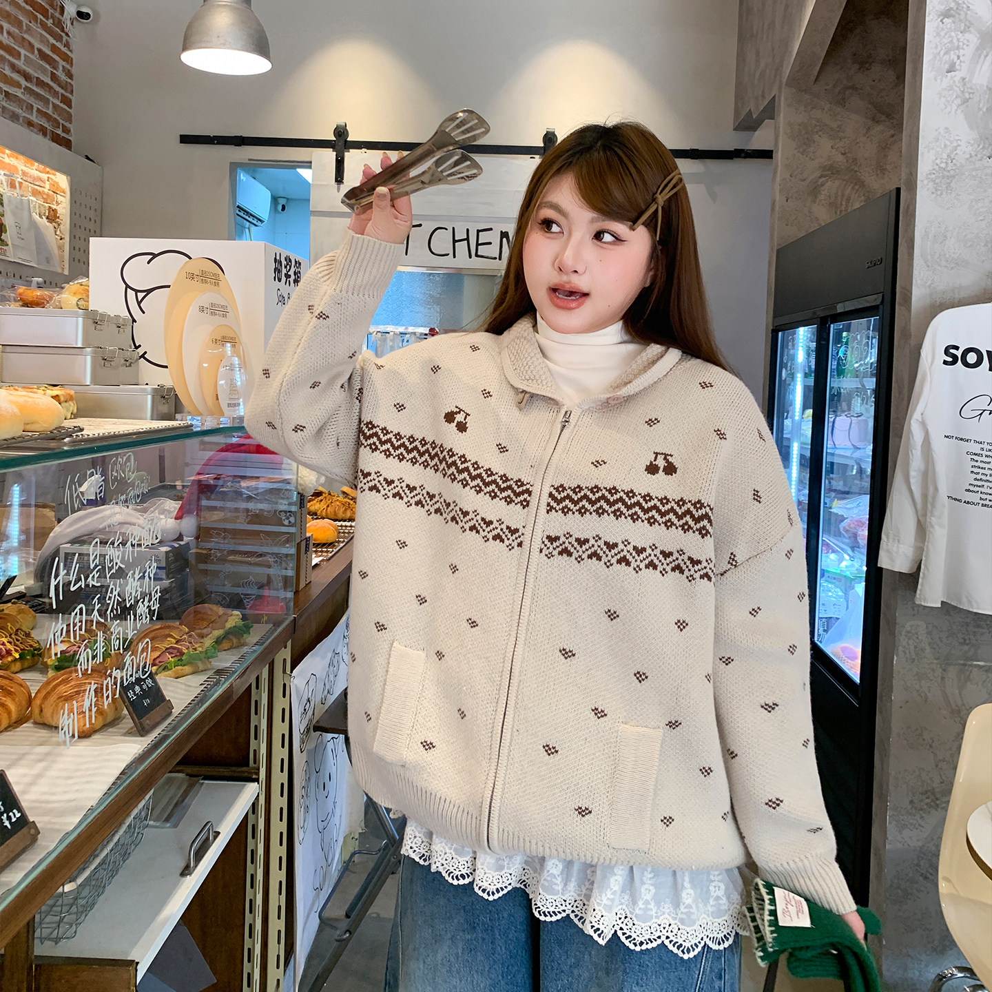 YUZI鱼子复古针织开衫外套上衣提花卡其色甜酷宽松落肩大码女装,女装/女士精品,常规大码外套,淘宝优惠券,粉丝福利购,淘宝优惠卷