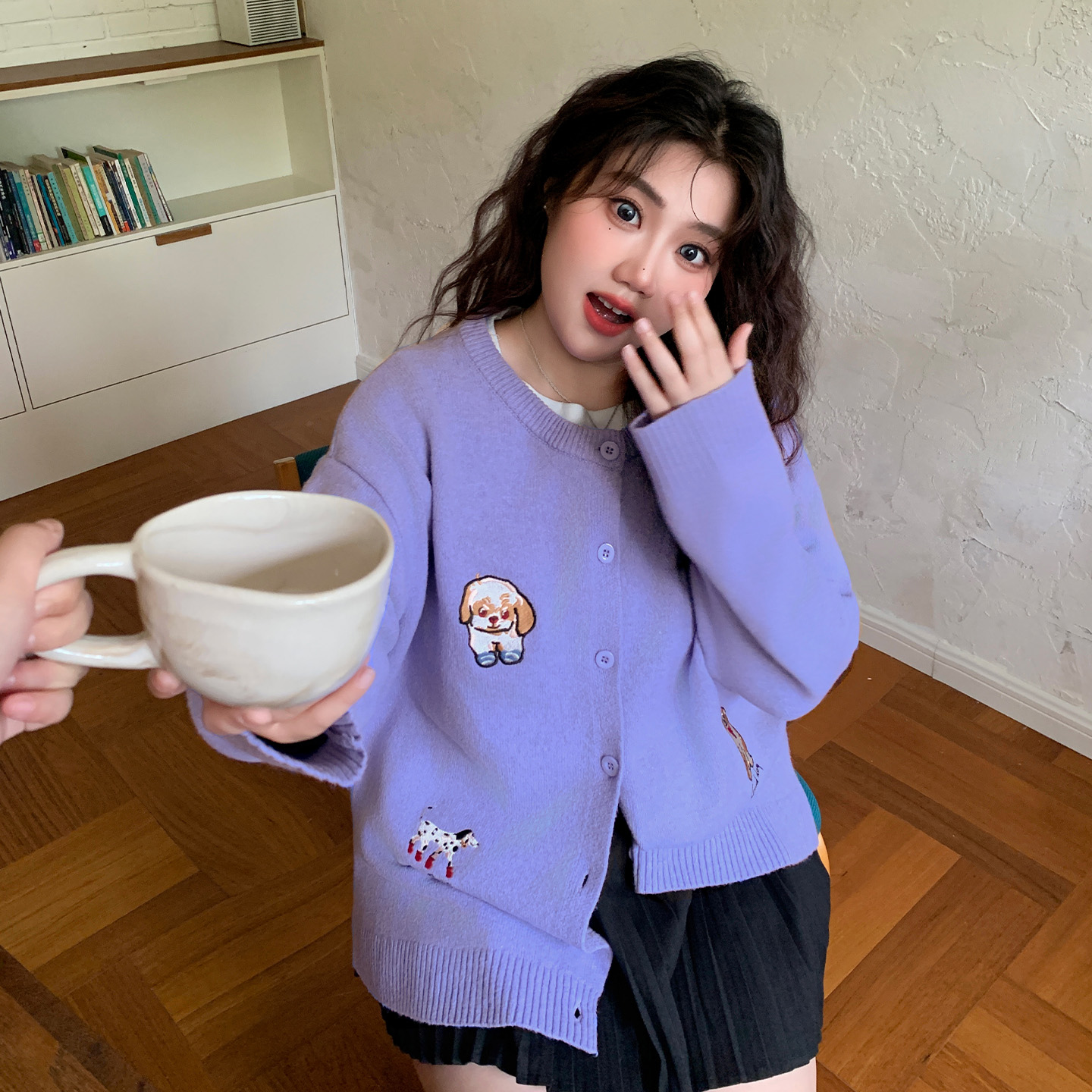 YUZI鱼子刺绣小狗针织开衫百搭