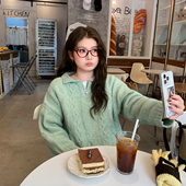 女装 YUZI复古绞花毛衣Polo领浅绿色文艺清新宽松慵懒厚款 秋冬大码