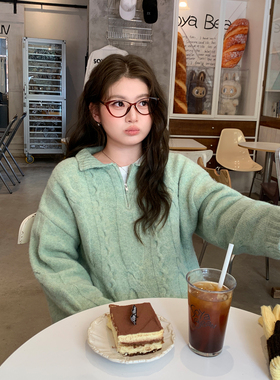 YUZI复古绞花毛衣Polo领浅绿色文艺清新宽松慵懒厚款秋冬大码女装