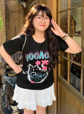 YUZI鱼子正肩圆领印花T恤大码女装夏微胖mm显瘦遮肉200斤童趣感