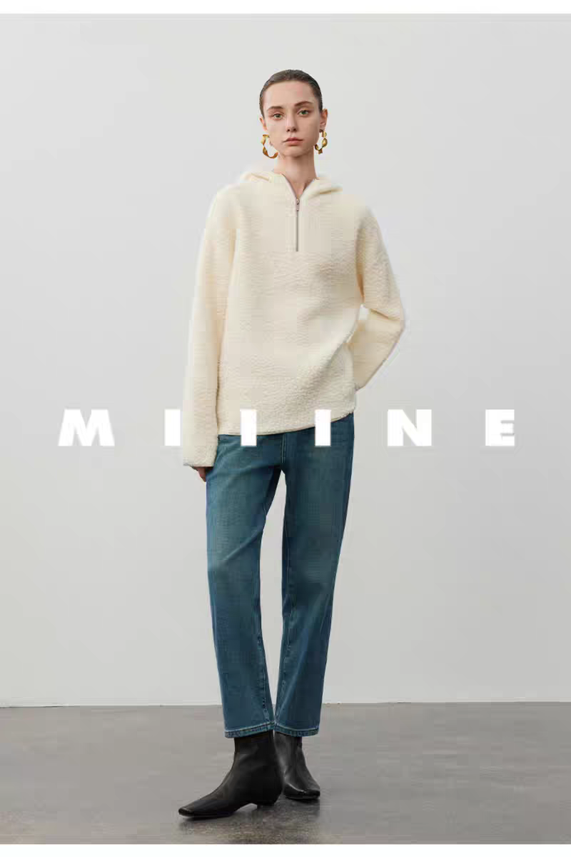 Miiine慵懒风全羊毛针织衫 显瘦宽松连帽半拉链毛衣羊羔毛外套