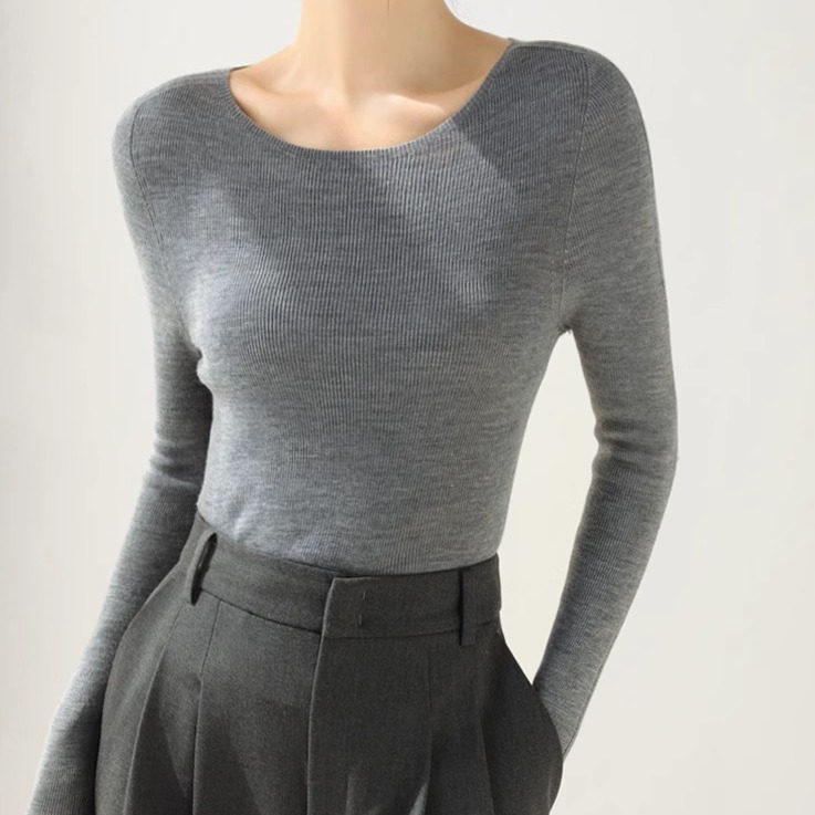 灰色无缝一体修身羊毛针织衫女早秋一字领设计感套头内搭打底毛衣,女装/女士精品,毛衣,淘宝优惠券,粉丝福利购,淘宝优惠卷