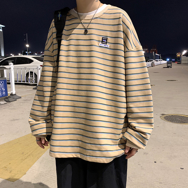 2021春季学院风拼色条纹T恤韩版套头衫宽松圆领上衣HY24TP40控58，男装T恤，电商A102B