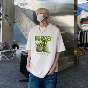 美式高街oversize圆领打底衫多肉植物印花时尚纯棉T恤HY571TP20图片