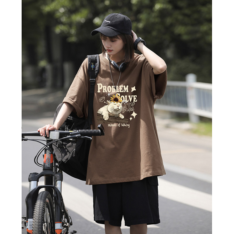 慵懒风小猫咪印花休闲宽松打底衫美式纯棉圆领短袖T恤HY574TP20,男装T恤,电商A102B